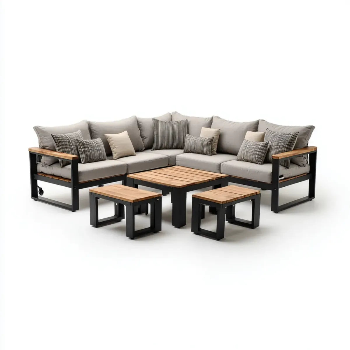 Sofa ogrodowa, Zestaw narożnik ogrodowy 6 sztuk szary i czarny z ramą z drewna acacia i poduszki 245 x 185 cm