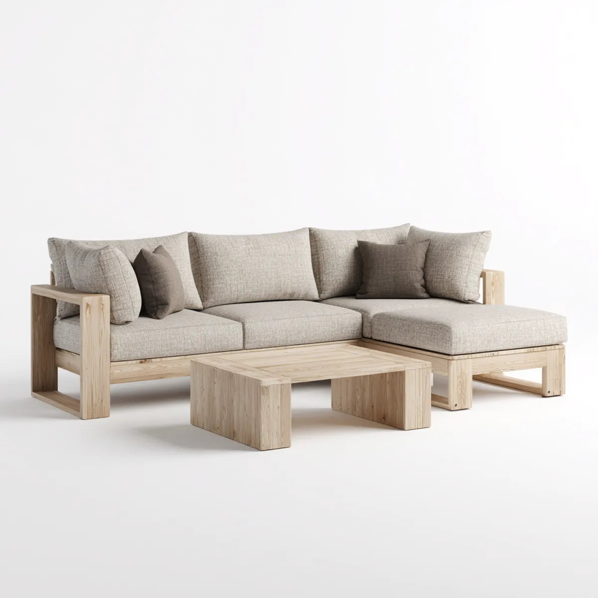 Sofa ogrodowa, Zestaw beżowej i naturalnej narożnej sofy ogrodowej 220 x 150 x 70 cm w litym drewnie sosnowym z prostokątnym stołem