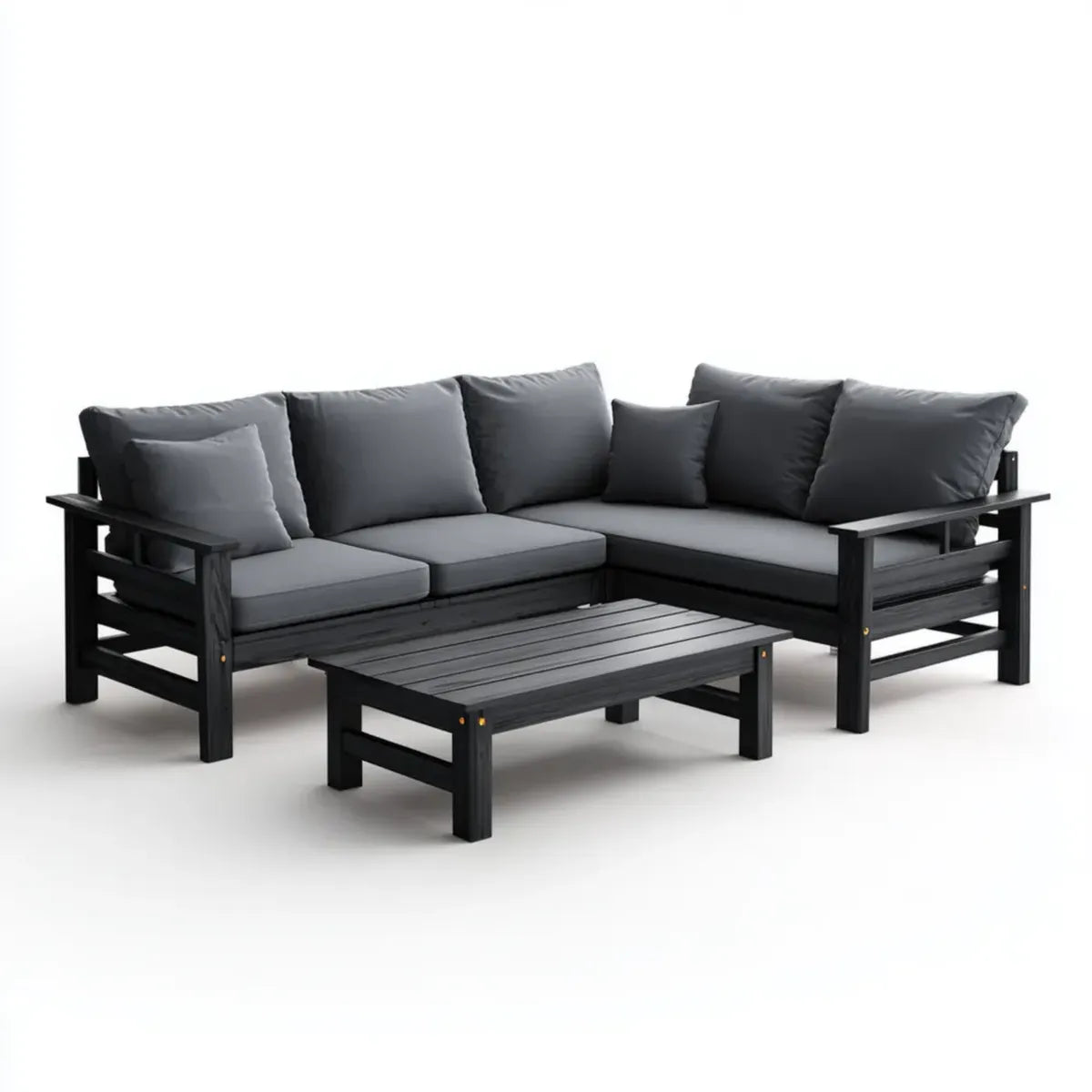 Sofa ogrodowa, Zestaw narożnik ogrodowy czarny z szarymi poduszkami antracytu w litym drewnie 218 x 218 cm