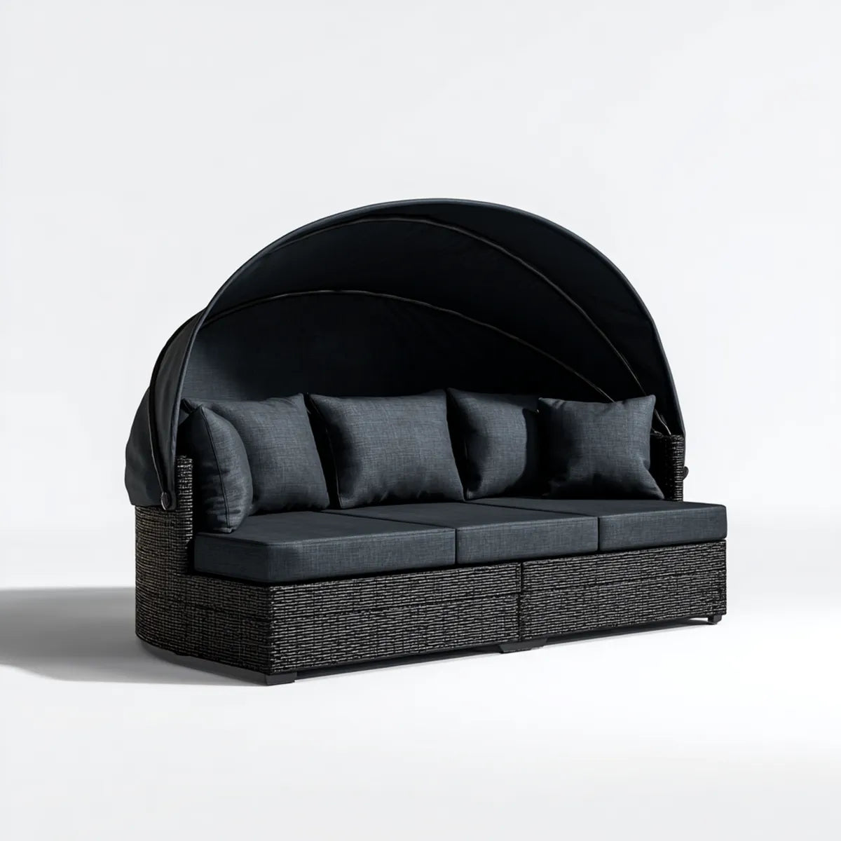 Sofa ogrodowa, 3 fotela czarna sofa ogrodowa z dachem 210 x 85 x 165 cm w rattanie PE i prostokątnym poliestrze