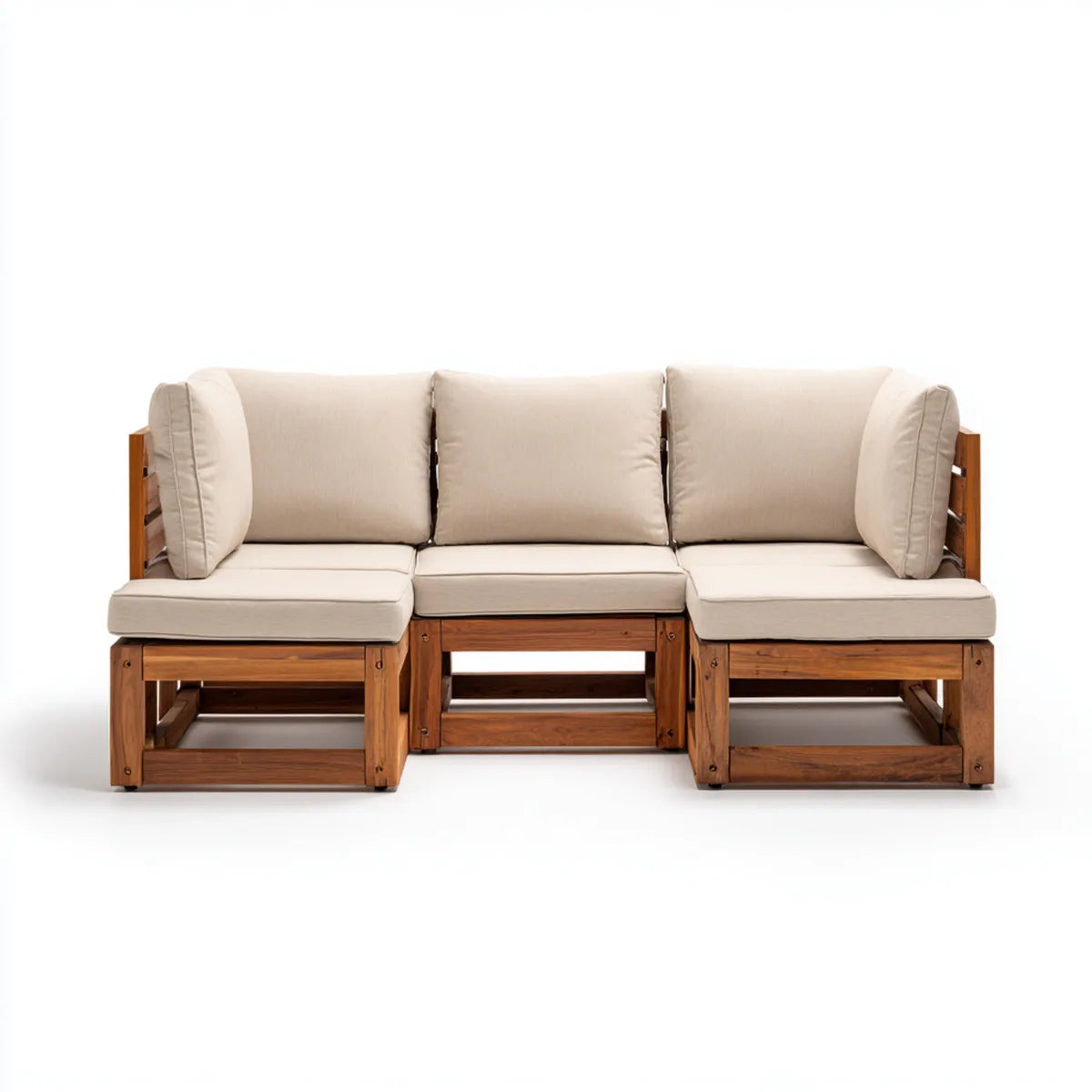 Sofa ogrodowa, Modułowa kanapa ogrodowa 3 fotele beżowe w litym drewnie akacyjnym 195 x 70 x 75 cm proste