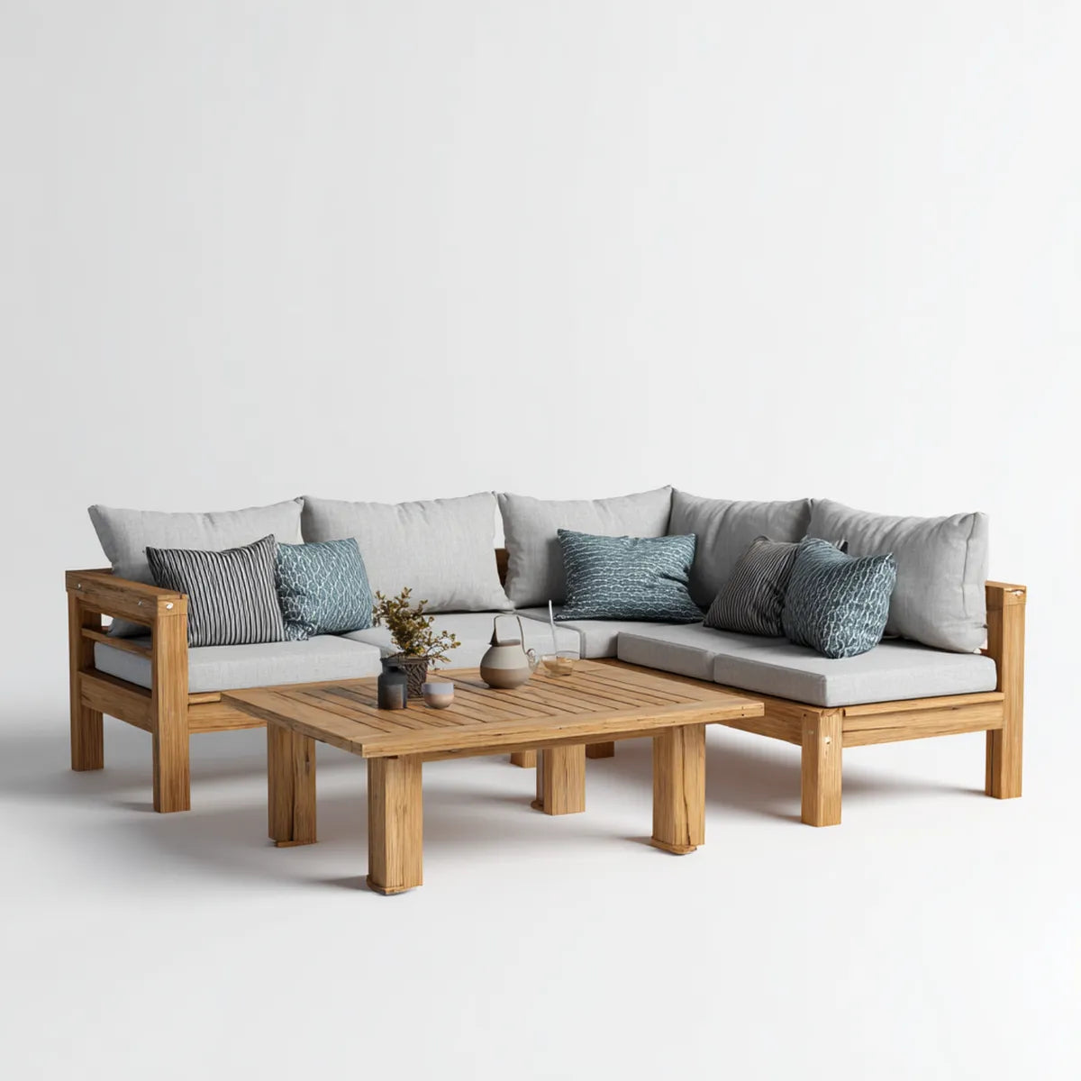 Sofa ogrodowa, Taras Loungeset narożna kanapa z stolik kawowy naturalna lekka szara z litego drewna acacia 220 x 220 cm