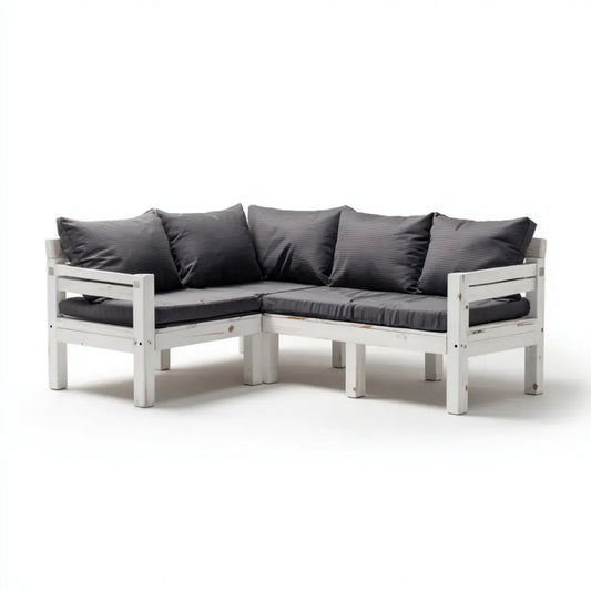 Sofa ogrodowa, Taras narożna sofa 4- fotelik biały szary z litego drewna sosnowego z poduszką poliestrową L kształt 220 x 220 x 70 cm