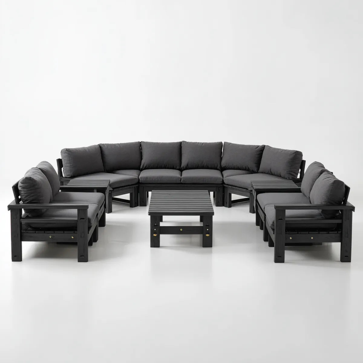 Sofa ogrodowa, Zestaw mebli do tarasów U- kształt czarny ciemny szarość 360 x 245 x 78 cm z litego drewna acacia z poliestrową tapicerką