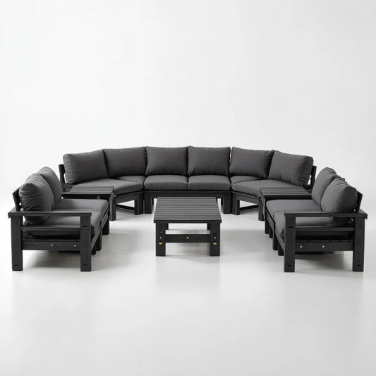 Sofa ogrodowa, Zestaw mebli do tarasów U- kształt czarny ciemny szarość 360 x 245 x 78 cm z litego drewna acacia z poliestrową tapicerką