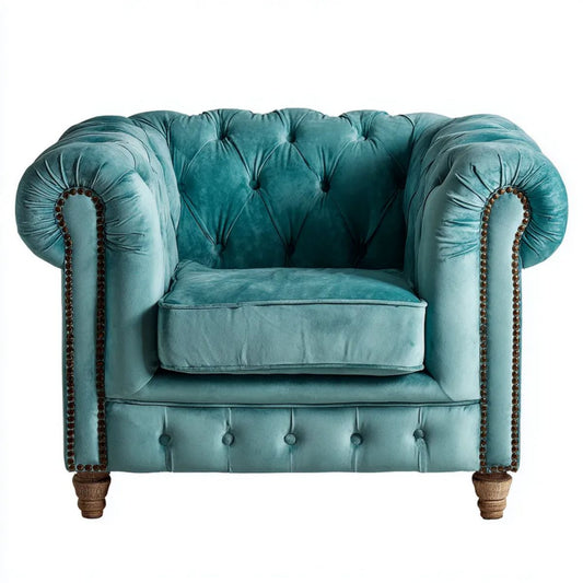 Fotel, Chesterfield fotel w kapitanym niebieskim welwelt, 110 x 90 x 80 cm