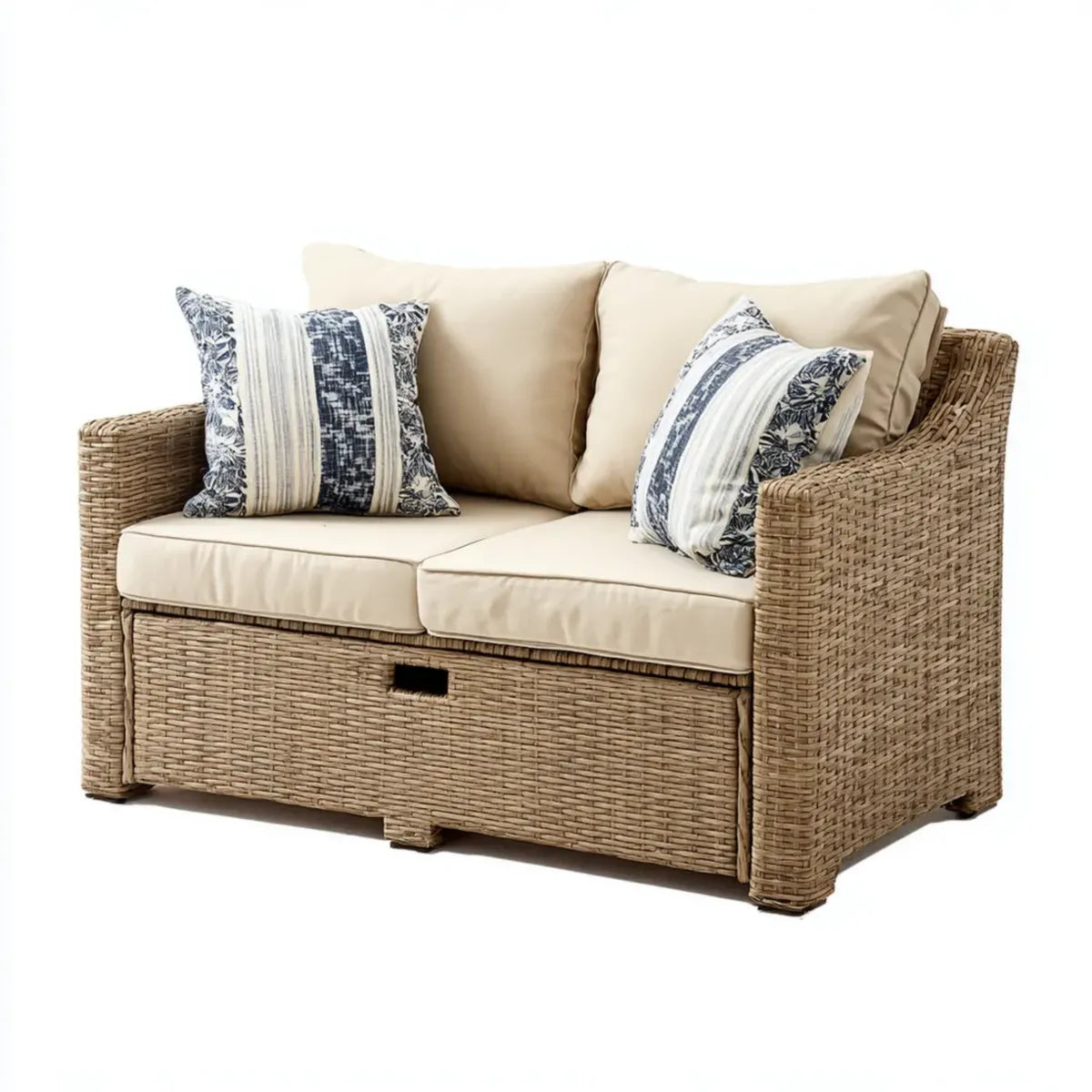 Sofa ogrodowa, Tafla ogrodowa 2 siedzenia syntetyczne rattan PE beżowy z kontenerem 125 x 75 x 85 cm