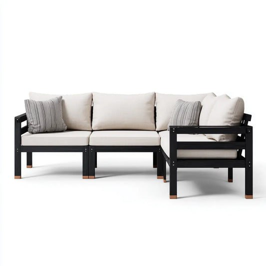 Sofa ogrodowa, Modułowa kanapa ogrodowa 3 fotele czarne i beżowe aluminium i poliester prostokątna kształt 250 x 75 cm, 250 x 75 x 75 cm