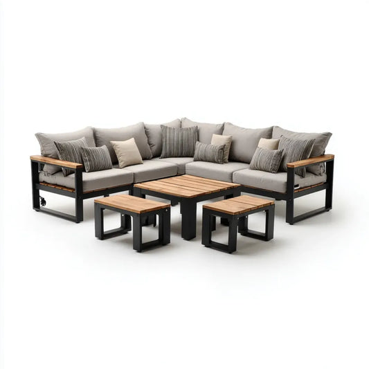 Sofa ogrodowa, Zestaw narożnik ogrodowy 6 sztuk szary i czarny z ramą z drewna acacia i poduszki 245 x 185 cm