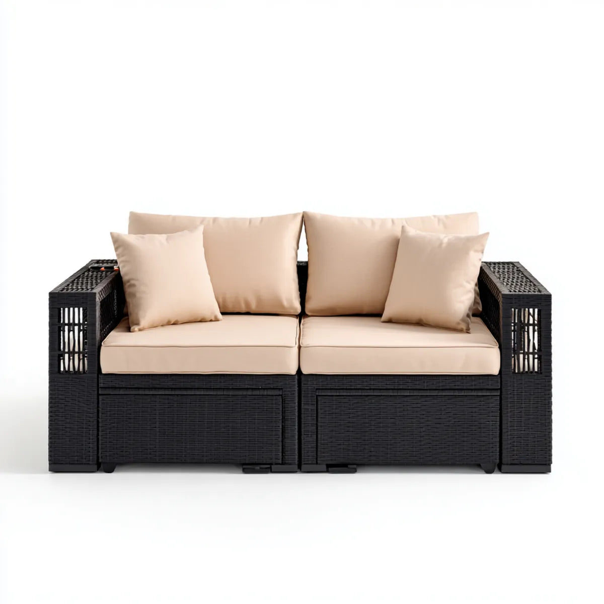Sofa ogrodowa, Tapczan ogrodowy 2 ratan czarny i beżowy PE z poduszkami 124 x 65 x 63 cm