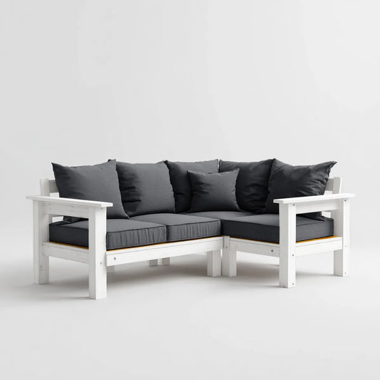 Sofa ogrodowa, narożna sofa ogrodowa 4 miejsca biały i ciemny szary 200 x 200 x 80 cm w litym drewnie sosnowym