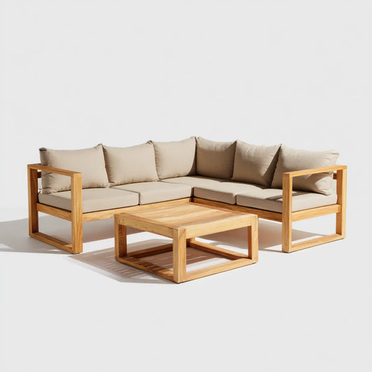 Sofa ogrodowa, Zestaw narożnych sof ogrodowych z beżowym stołem w litym drewnie akacyjnym 210 x 210 x 70 cm