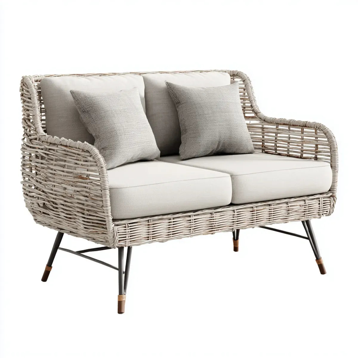 Sofa ogrodowa, Tapczan ogrodowy 2 miejsca beżowe w rattanie PE z poduszkami 140 x 75 x 80 cm