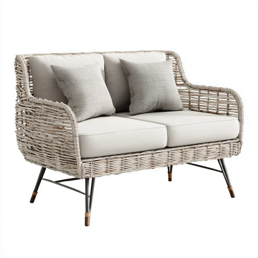 Sofa ogrodowa, Tapczan ogrodowy 2 miejsca beżowe w rattanie PE z poduszkami 140 x 75 x 80 cm