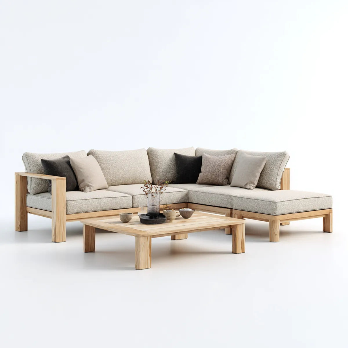 Sofa ogrodowa, Zestaw narożnej sofy ogrodowej z beżowym stołem 250 x 180 x 75 cm w litej akacji i poliestrowym kształcie L