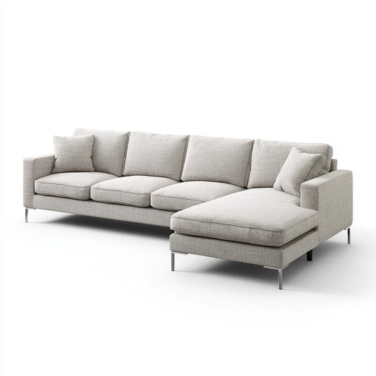 Sofa, 4 fotela w jasnoszarym poliestrze z prawej strony szezlong 280 x 160 x 85 cm