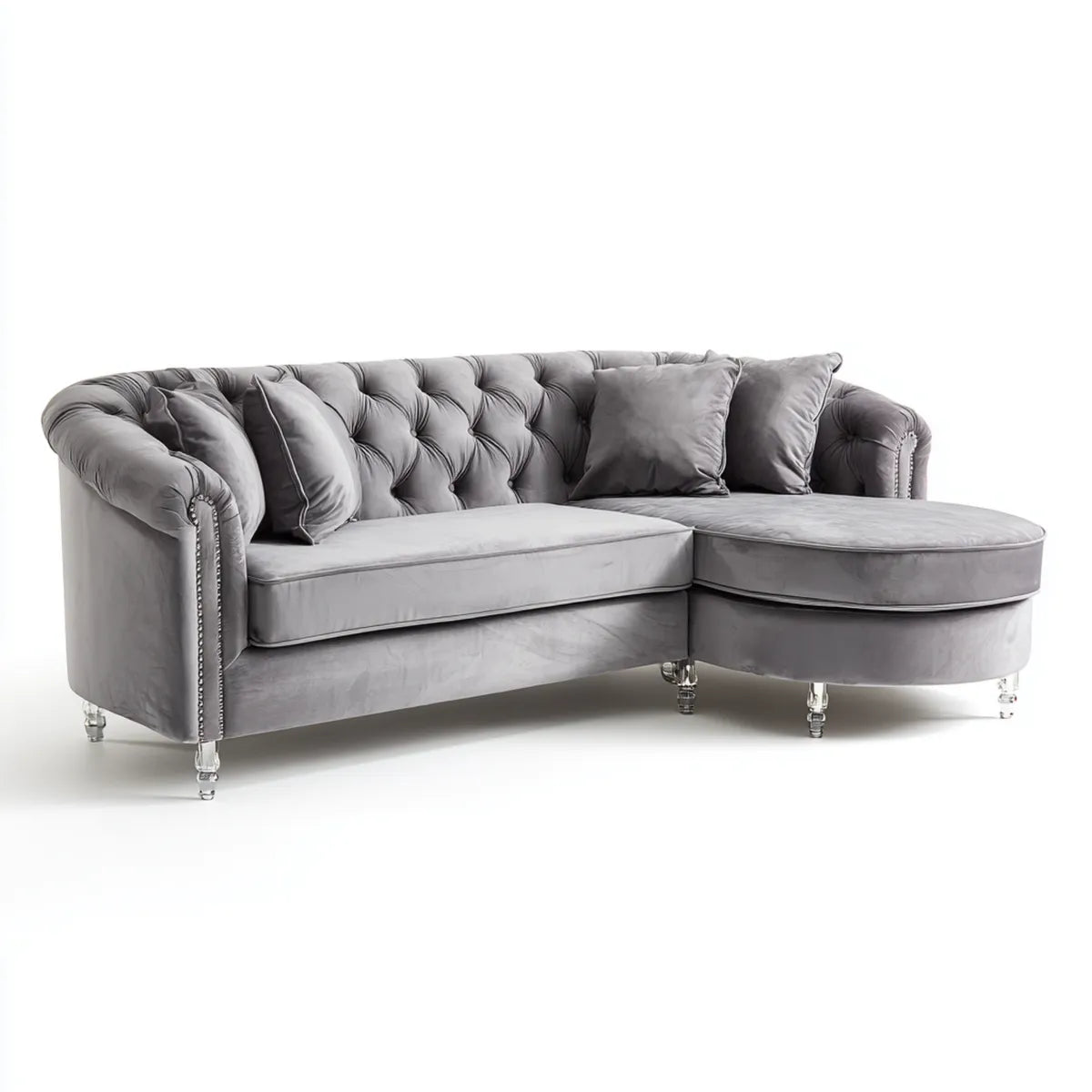 Sofa, Chesterfield narożna sofa z szezlongiem szarym 240 x 160 x 80 cm poliestrowy aksamit