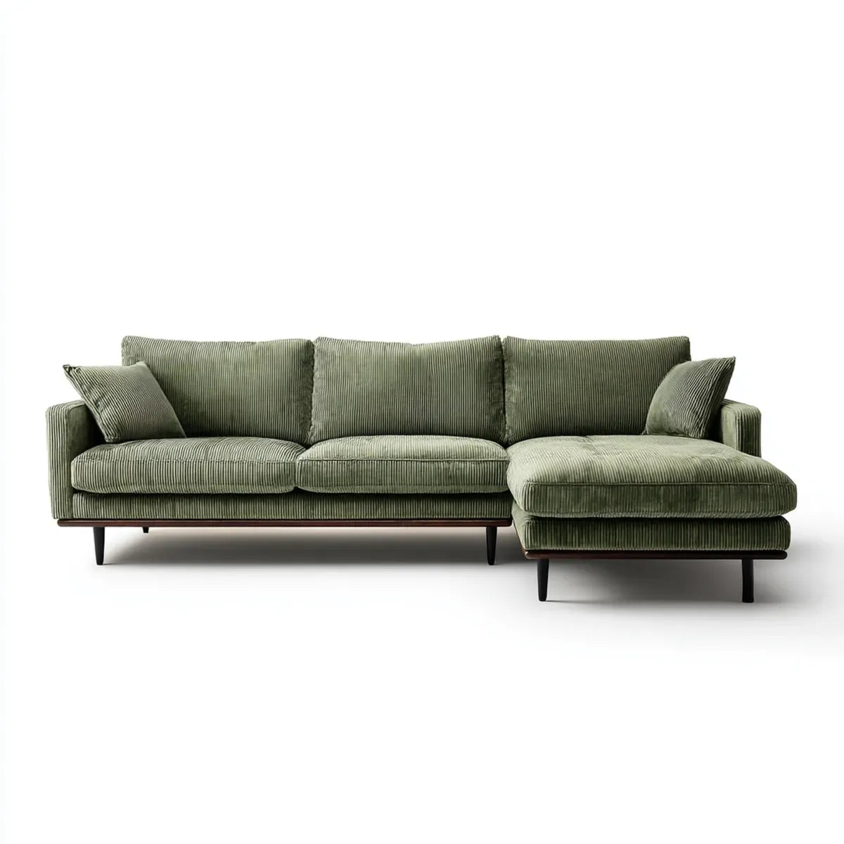 Sofa, Rożna sofa 4 fotele oliwkowe zielone w poliestrowym aksamicie żebrowanym z prawej strony z szezlongiem 280 x 160 x 85 cm