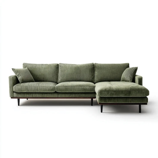 Sofa, Rożna sofa 4 fotele oliwkowe zielone w poliestrowym aksamicie żebrowanym z prawej strony z szezlongiem 280 x 160 x 85 cm