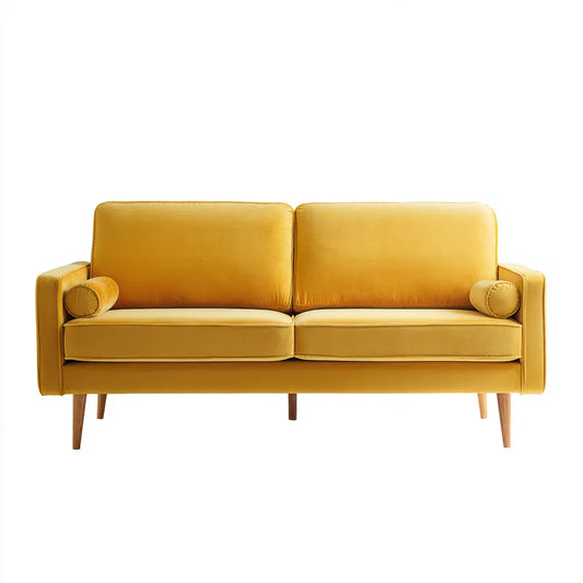 Sofa, Żółta 2 fotelowa sofa w poliestrowym aksamicie z litymi drewnianymi nóżkami o prostym kształcie 160 x 80 x 85 cm