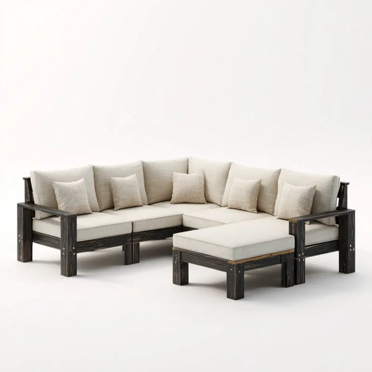 Sofa ogrodowa, Ustaw narożną sofę ogrodową 4 kawałki beżu i czarnego w litej akacji i poliester 260 x 190 x 75 cm z ottomanem 90 x 70 x 42 cm