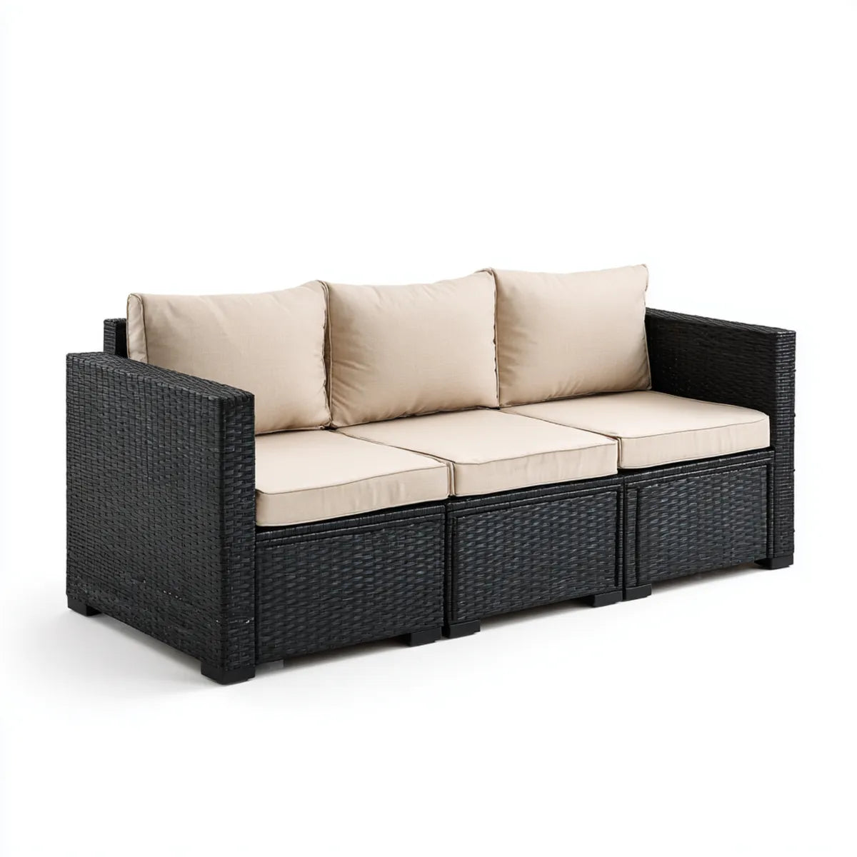 Sofa ogrodowa, 3 fotela modułowa sofa czarna i beżowa w PE prostokątna rattan 180 x 65 x 60 cm