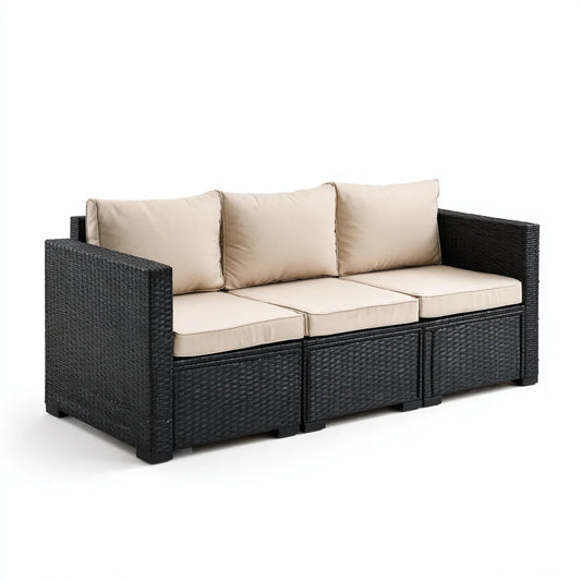 Sofa ogrodowa, 3 fotela modułowa sofa czarna i beżowa w PE prostokątna rattan 180 x 65 x 60 cm
