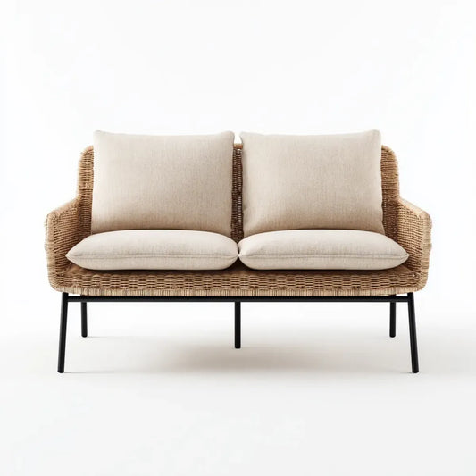 Sofa ogrodowa, Tapczan ogrodowy 2 beżowe fotele 130 x 70 x 78 cm w kształcie prostokątnym rattan PE