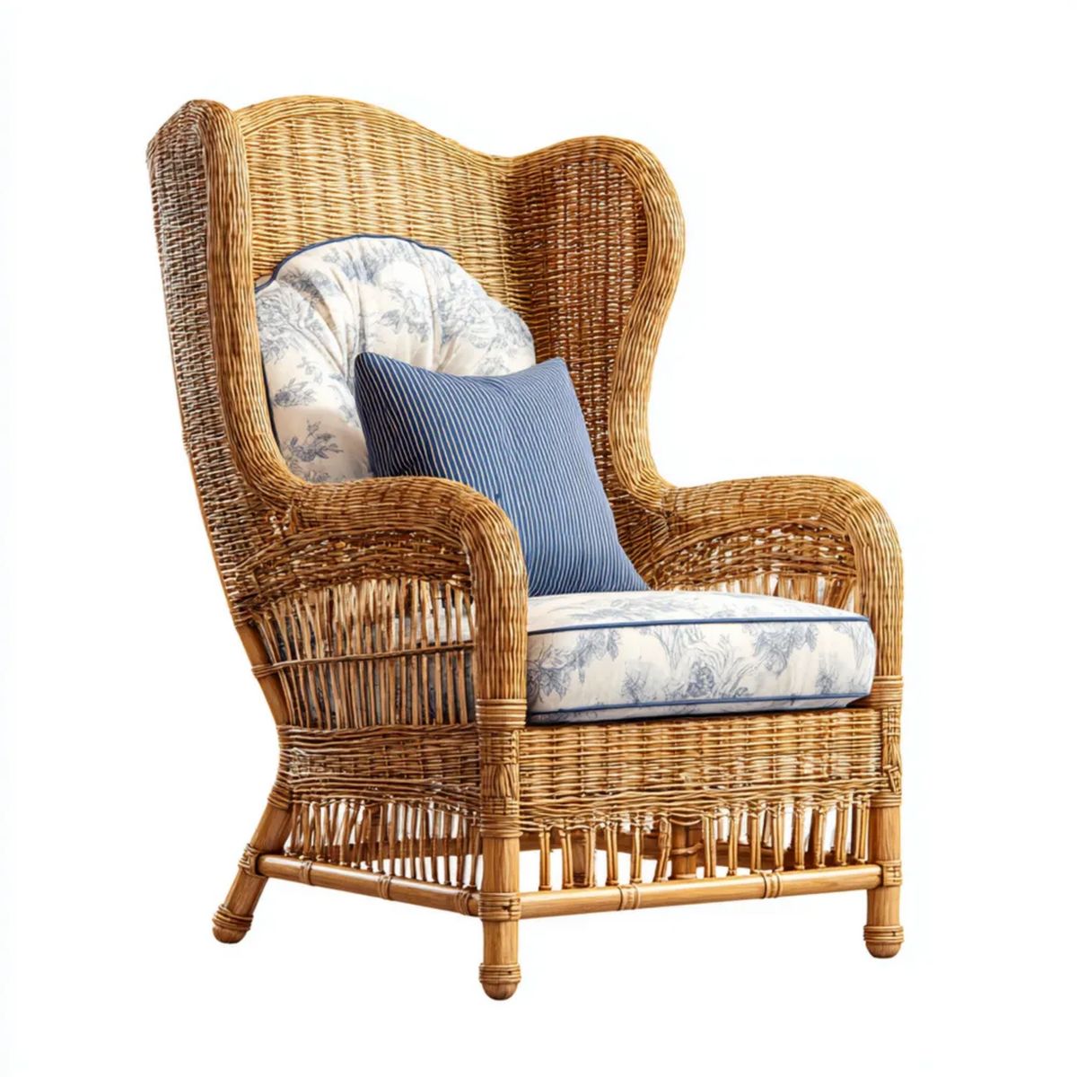 Fotel, Miód brązowy rattan ear fotel z niebiesko-białe poduszki, 85 x 90 x 125 cm