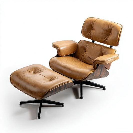 Fotel, Swivel relaksujący fotel z podnóżkiem w PU skóra i koniak orzechowy wiklina, krzesło 84 x 88 x 98 cm, podnóżek 65 x 54 x 42 cm