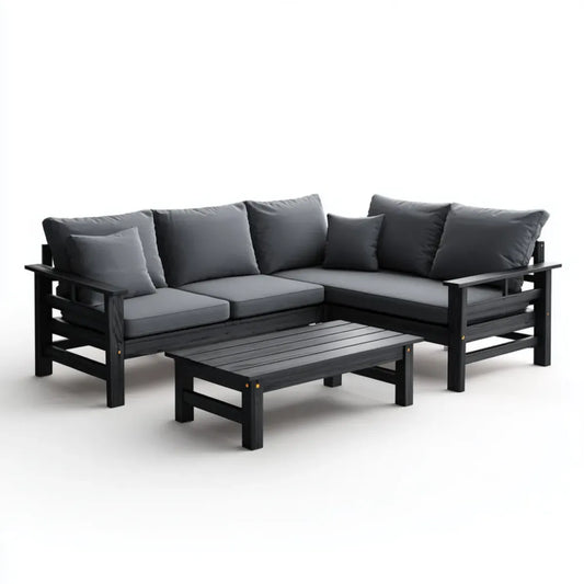 Sofa ogrodowa, Zestaw narożnik ogrodowy czarny z szarymi poduszkami antracytu w litym drewnie 218 x 218 cm