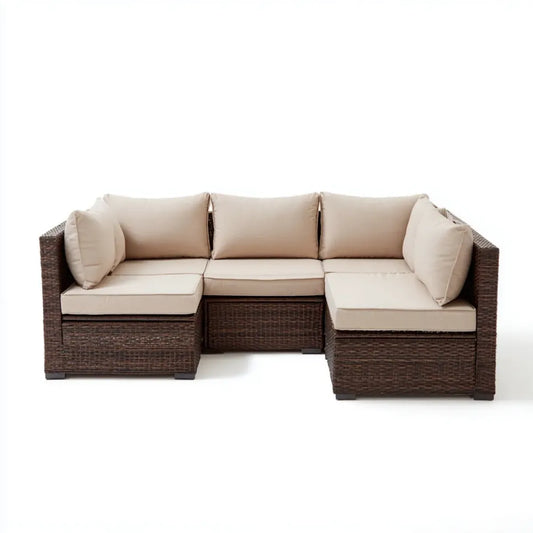 Sofa ogrodowa, Rożna sofa ogrodowa 3 brązowe i beżowe miejsca w rattanie PE 200 x 75 x 65 cm