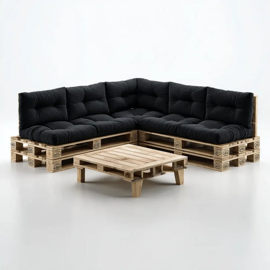 Sofa ogrodowa, Zestaw czarnej narożnej sofy ogrodowej w litym drewnie sosnowym 240 x 240 cm z prostokątnym stołem 120 x 80 cm