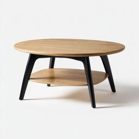 Stolik kawowy, Stół kawowy Przyroda Czarny Ø 80 x 45 cm MDF z dębowym fornirem z litego drewna okrągłe