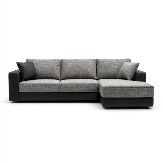 Sofa, 3 fotela z szarym poliestrem z szezlongiem 280 x 160 x 85 cm