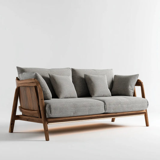 Sofa, 3 fotela prosta sofa szara 220 x 90 x 82 cm w orzechu i poliestrze