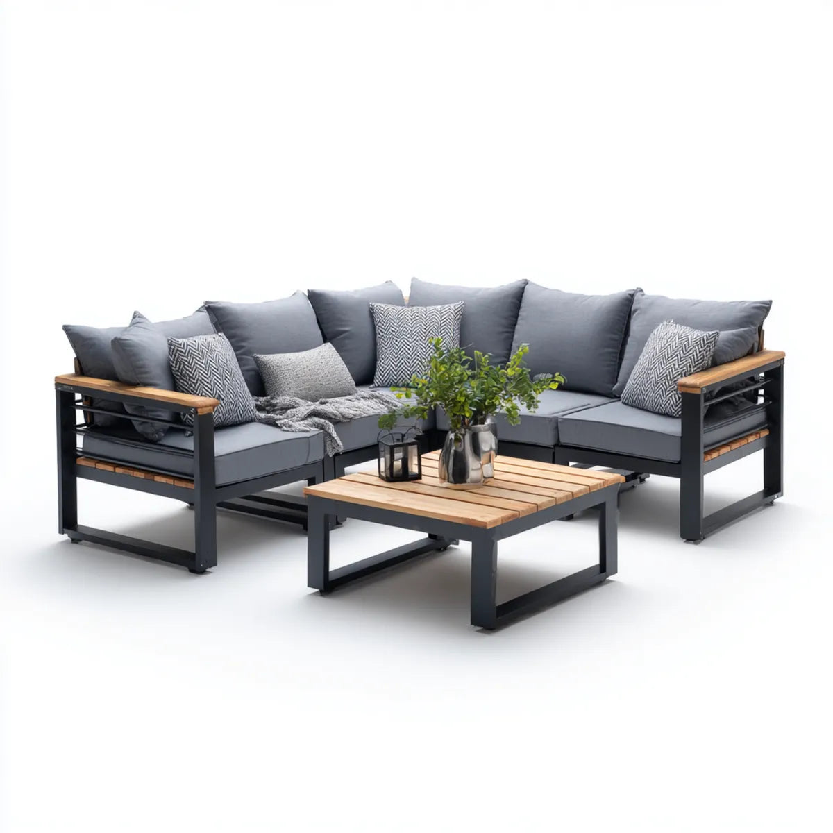 Sofa ogrodowa, Ustaw kanapę narożną ogrodową z antracytem szarym stołem w aluminiowym i akacji drewna 250 x 250 cm
