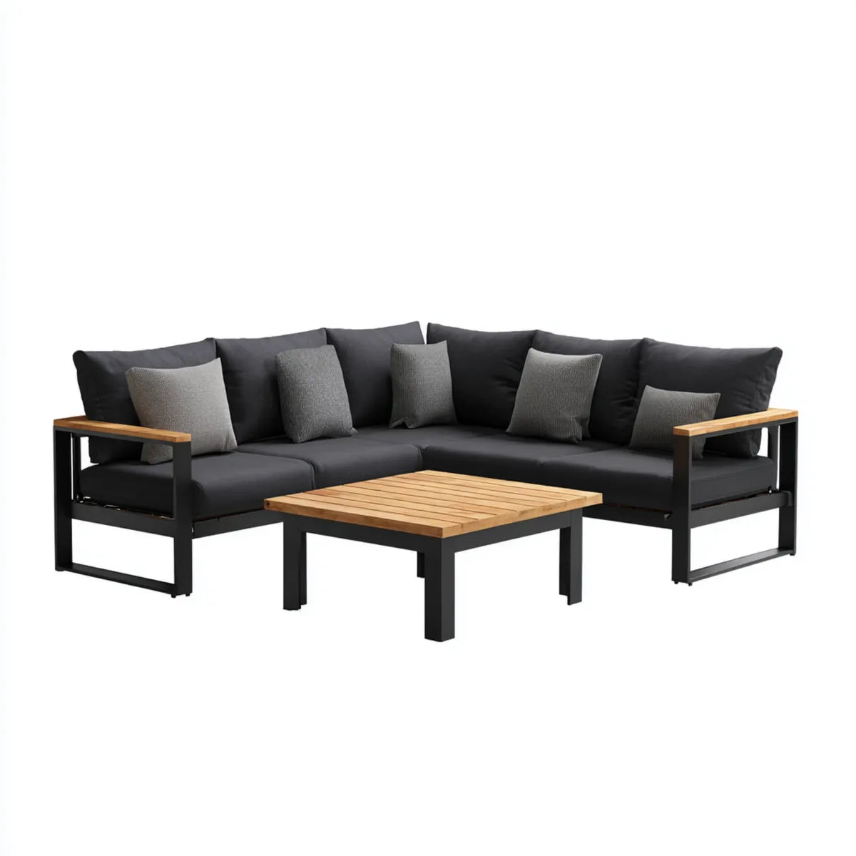 Sofa ogrodowa, Kącik ogrodowy 3 sztuk czarny i szary z aluminium i drewna tabeli 230 x 230 cm
