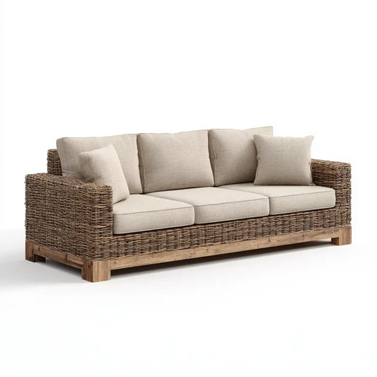 Sofa ogrodowa, 3 beżowe i brązowe kanapy ogrodowe w naturalnym rattanie i lite drewno 220 x 90 x 85 cm prostokątne