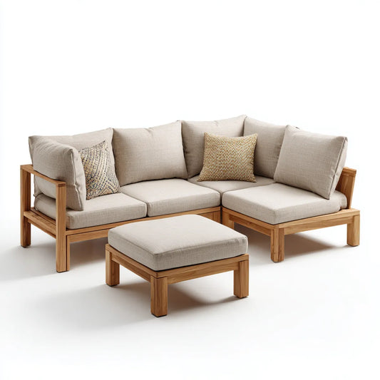 Sofa ogrodowa, Zestaw kątowej sofy ogrodowej w beżu L i naturalny z pufem w litym drewnie akacyjnym 220 x 220 x 70 cm